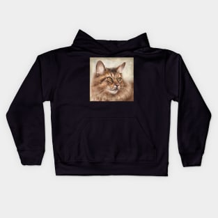 Painting of a Fluffy Brown Somali Cat Kids Hoodie